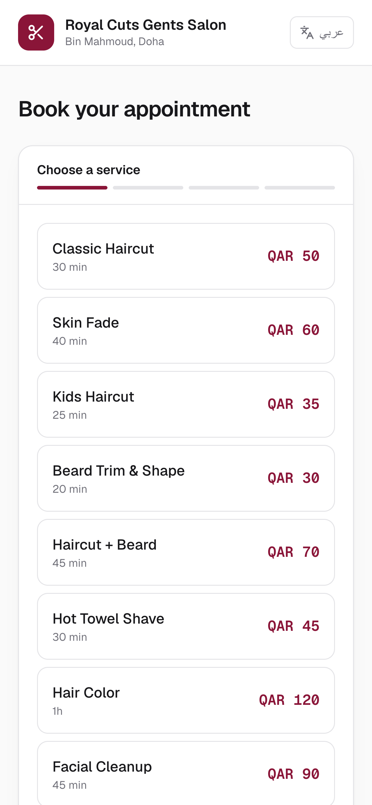 Online booking — pick a service, then a barber, then a time, with a WhatsApp confirmation