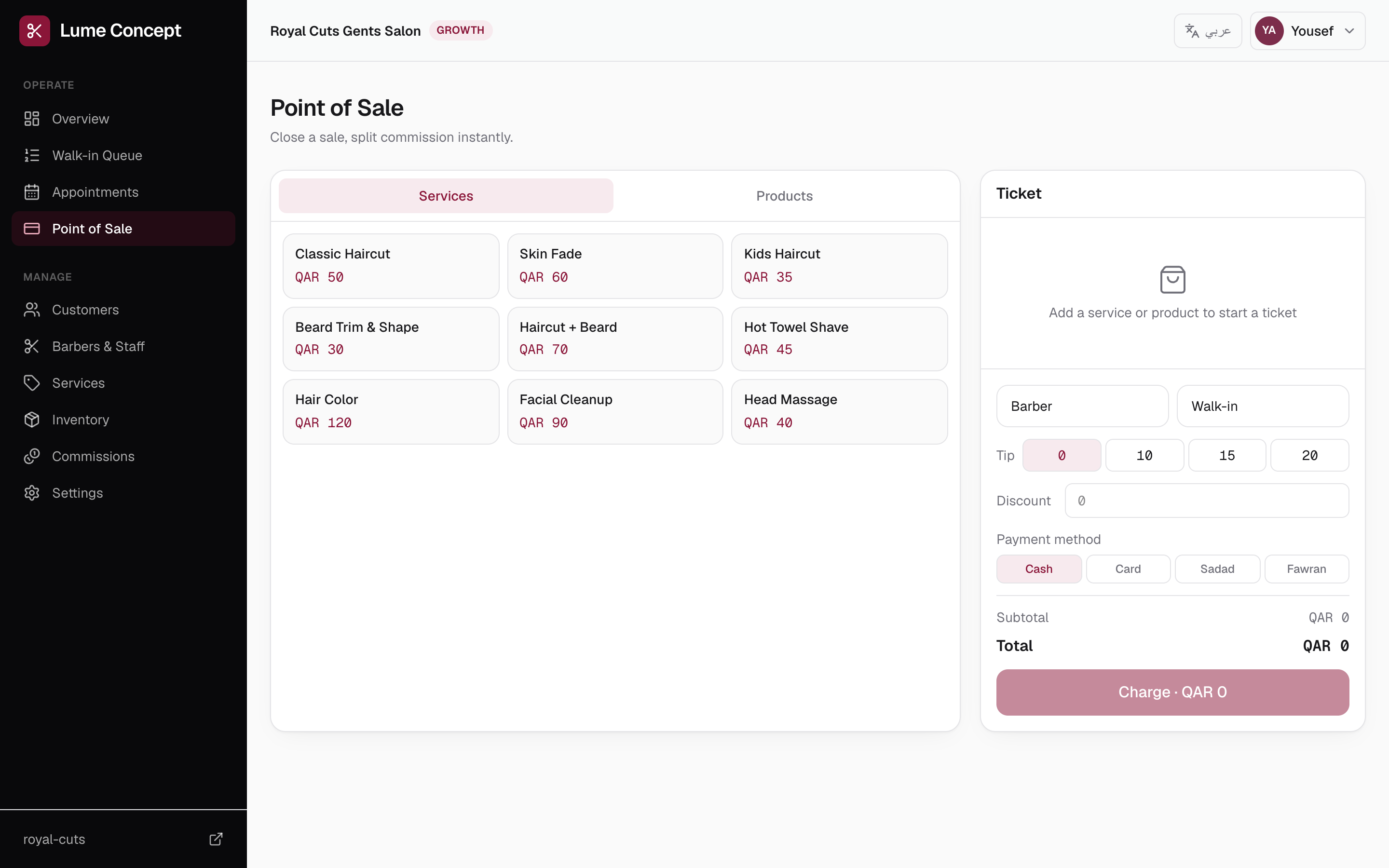 Point of sale — ring up tickets with tips, take Sadad, Fawran, cash, or card, and split commission